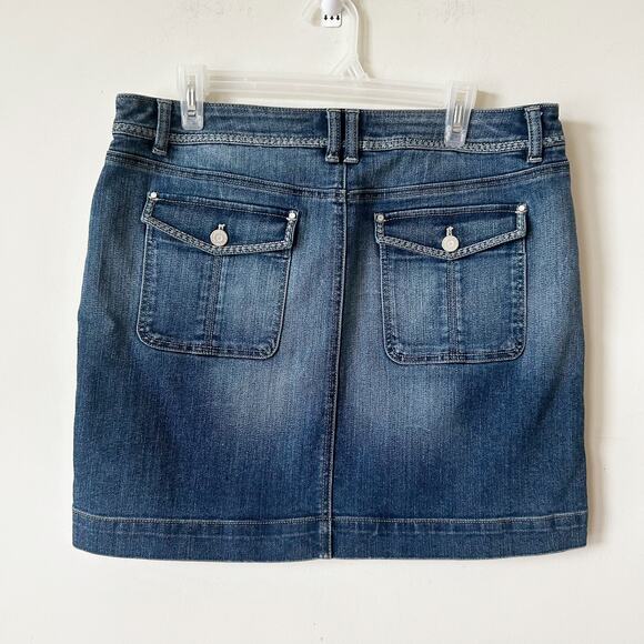 White House Black Market Jean Skirt Denim Mini Size 12 A-Line Classic Dark Wash - Picture 3 of 7